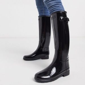 Hunter Refined Black Gloss Tall Rain Boots 10 Women's